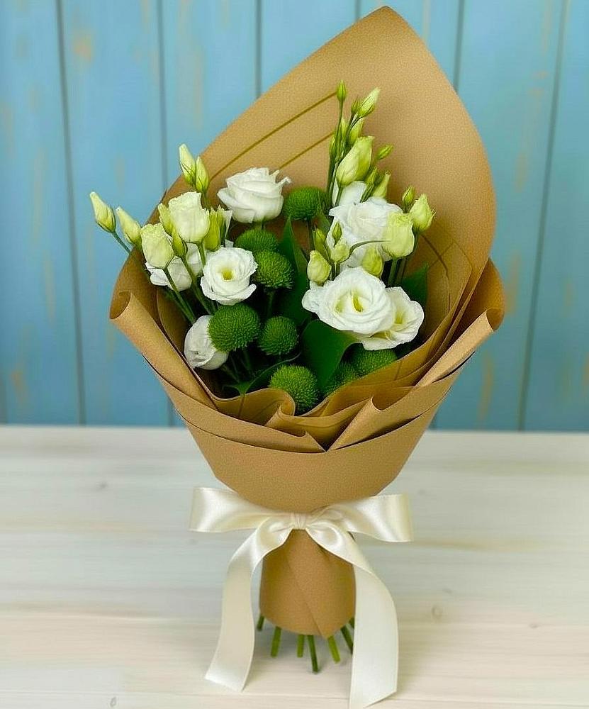 Букет цветов из: Хризантемы и Лизиантусы в Курждипскую