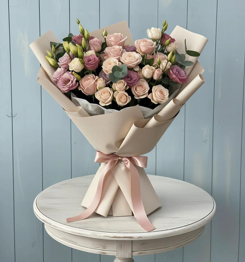 Букет цветов из: Розы и Лизиантусы в Курждипскую