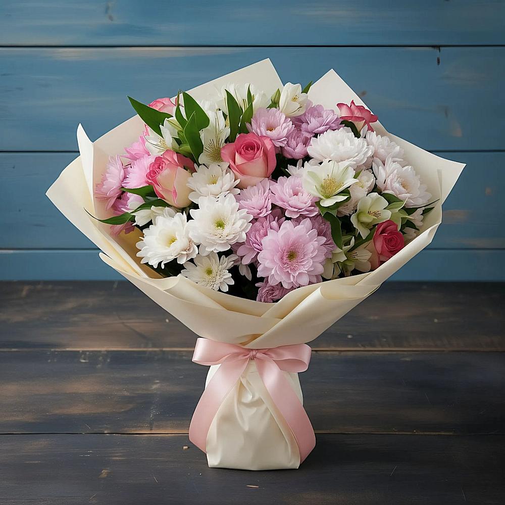 Букет цветов из: Хризантемы, Альстромерии и Розы в Курждипскую